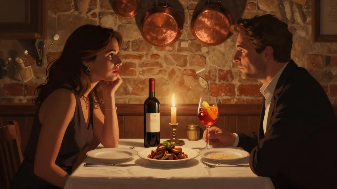 Candlelit dinner with osso buco and Aperol Spritz in a rustic Milanese trattoria, warm ambient lighting.