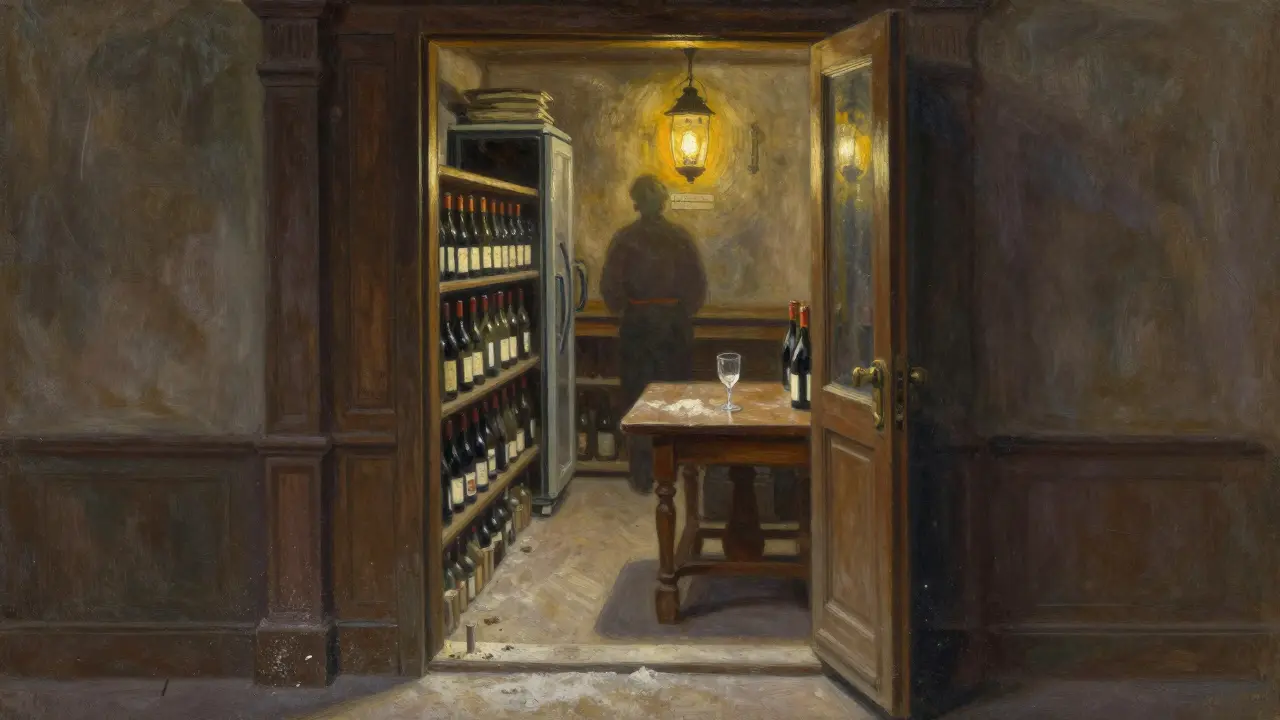 Candlelit wine cellar behind a bakery door, with bottles and a single glass on a wooden table.