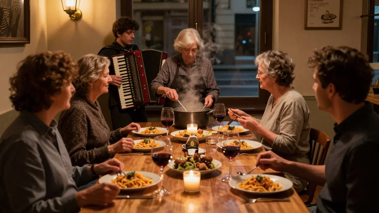 Communal dinner at La Cucina di Nonna Rosa with candlelight, pasta, and accordion player.