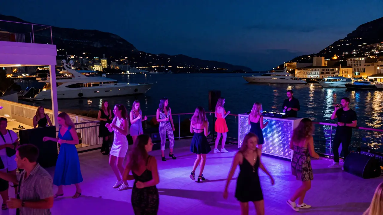 Crowd dancing at Blue Bay club with neon lights reflecting on yachts.