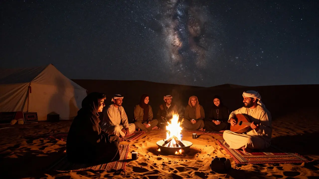 Desert camp at night with firelight, people seated on rugs listening to oud music under a starry sky.