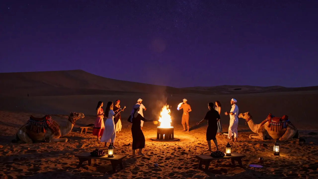 Desert party under stars with fire dancers and camels, no city lights, only moon and flames.