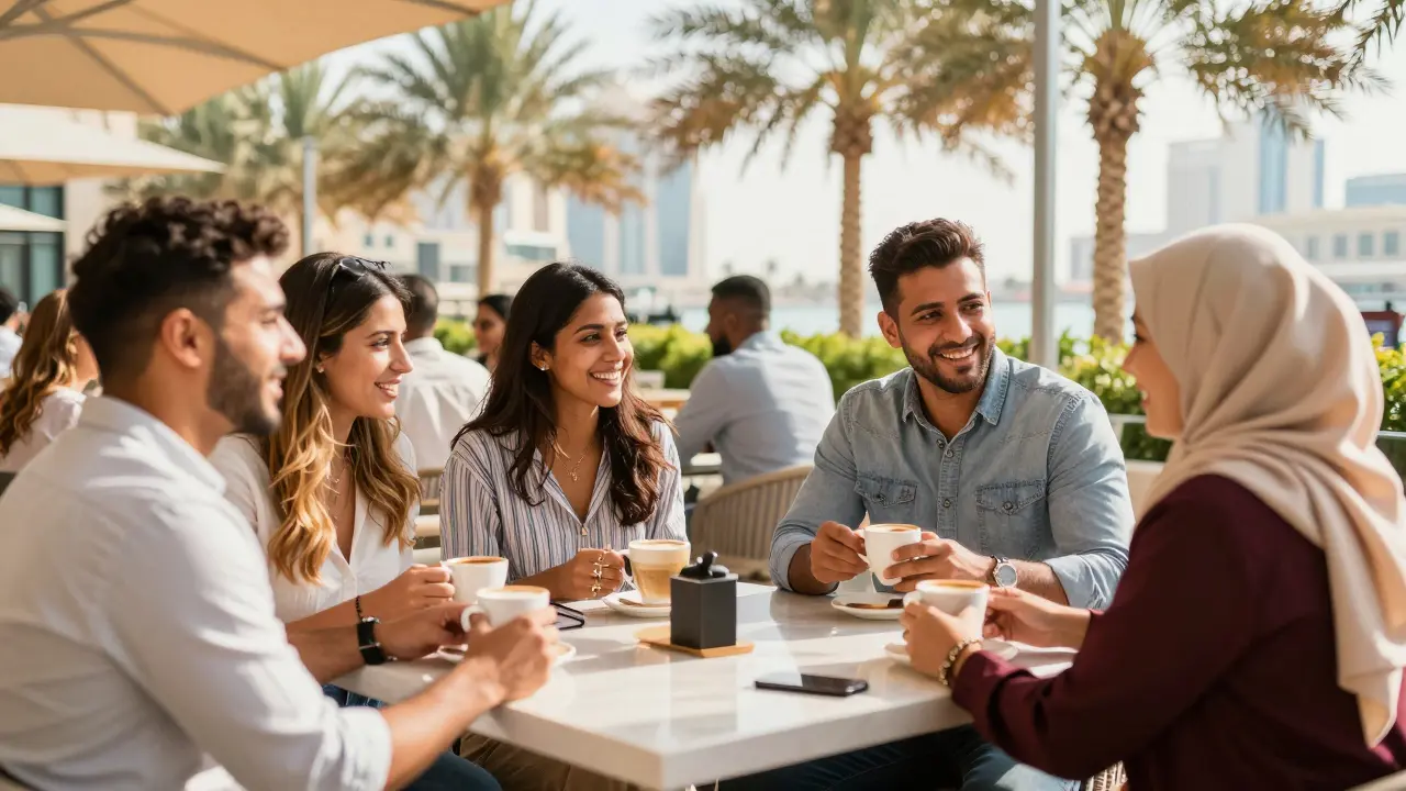 Diverse expats socialize outdoors at a café in Abu Dhabi, enjoying coffee and conversation.