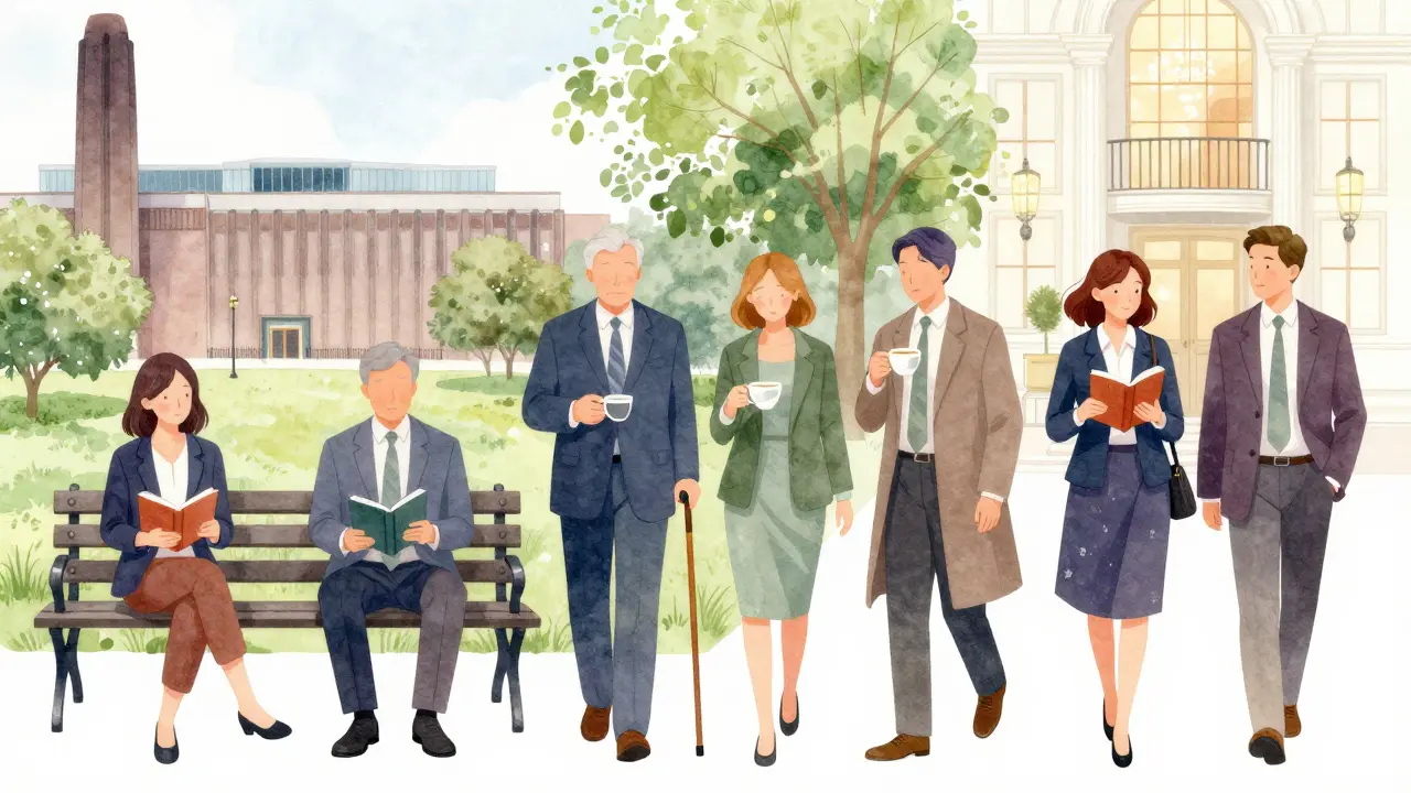 Diverse individuals in London settings, each engaged in quiet moments of companionship with unseen others.