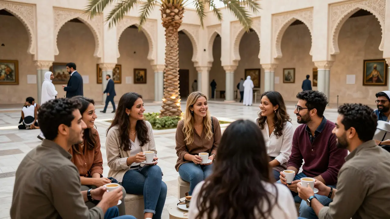 Diverse people socialize warmly at Louvre Abu Dhabi during a daytime expat meetup.