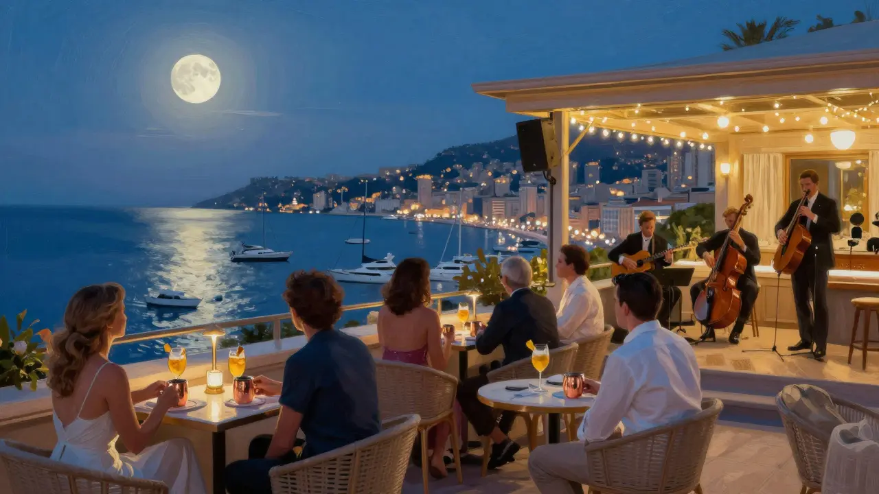 Elegant guests at Blue Bay rooftop bar sipping golden cocktails with jazz musicians and moonlit sea views.