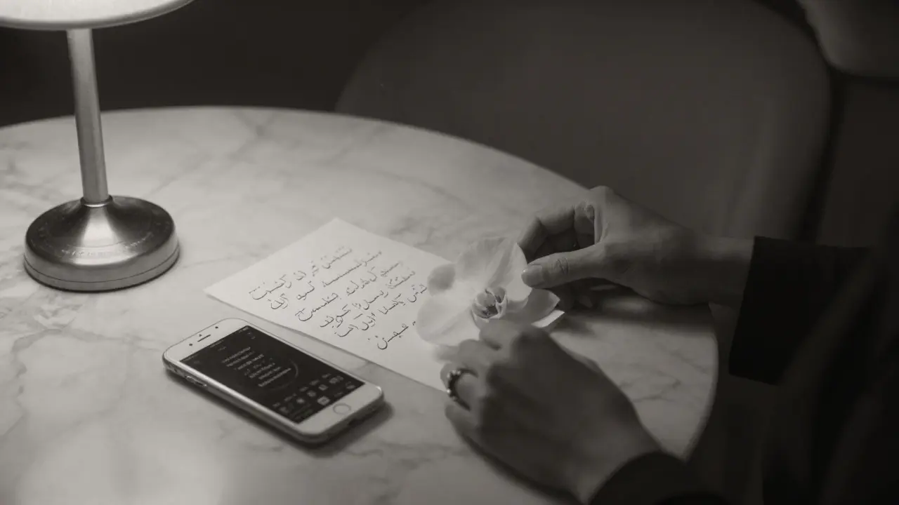 Elegant hands placing a white orchid beside an encrypted phone and handwritten note on marble.