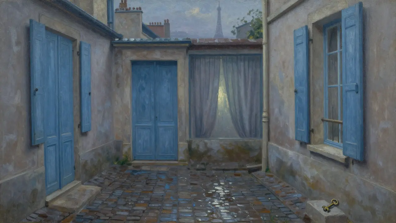 Faded blue courtyard at twilight, no people, a single key on the stone ledge.