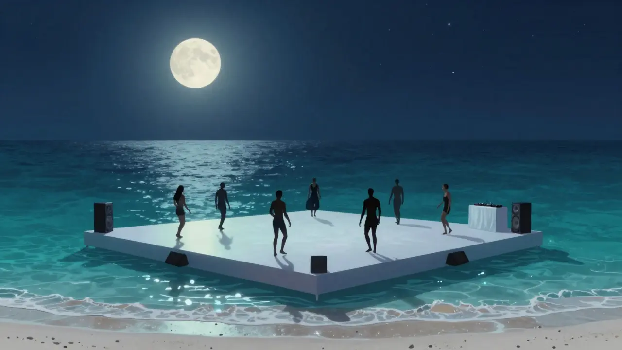 Floating dance floor on ocean waves under moonlight at White Beach Dubai, silhouetted dancers.