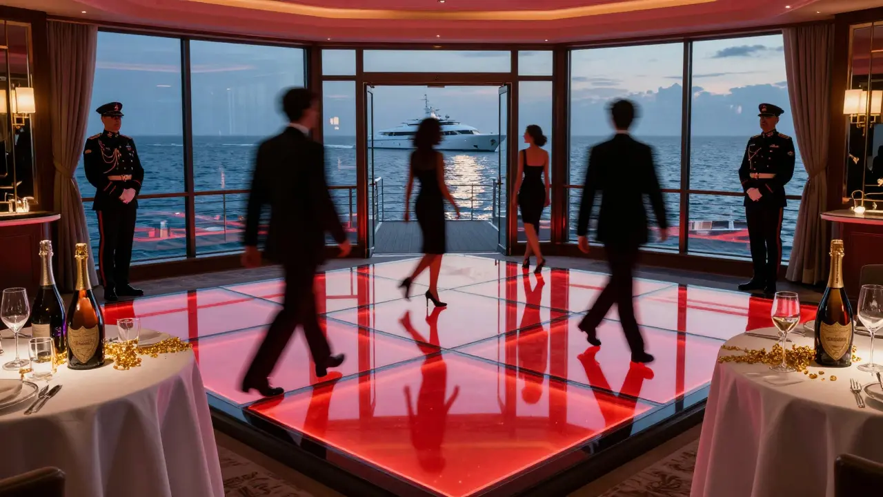 Glowing glass dance floor at Club 55 with silhouettes and superyacht in background.