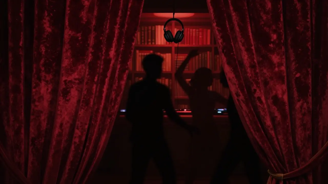 Hidden basement club La Scala with velvet curtain and dim red lighting, books in background.