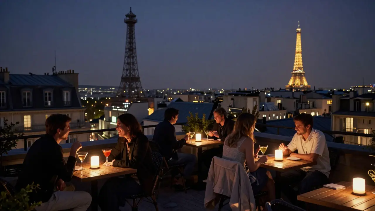 Hidden rooftop terrace with quiet patrons and glowing Eiffel Tower in the night skyline.