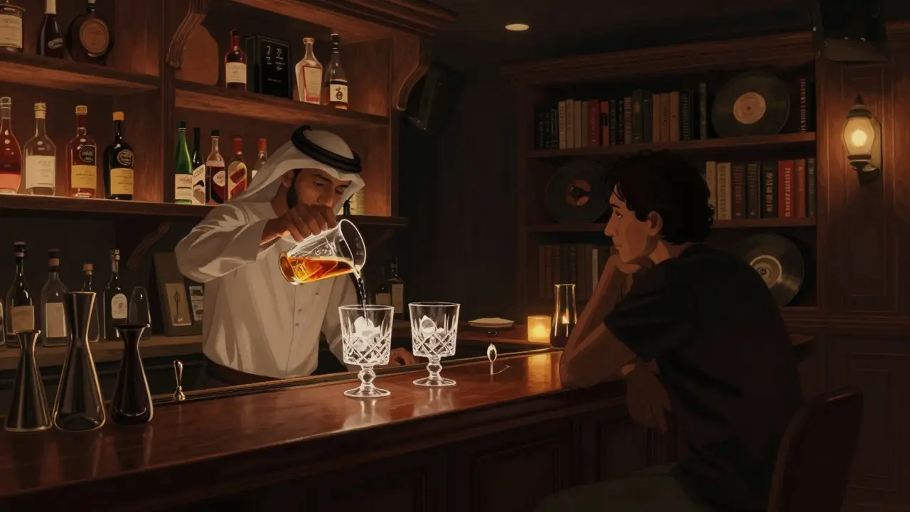 Hidden speakeasy bar with dim lighting, bartender pouring cocktail, wooden shelves and jazz records in the background.