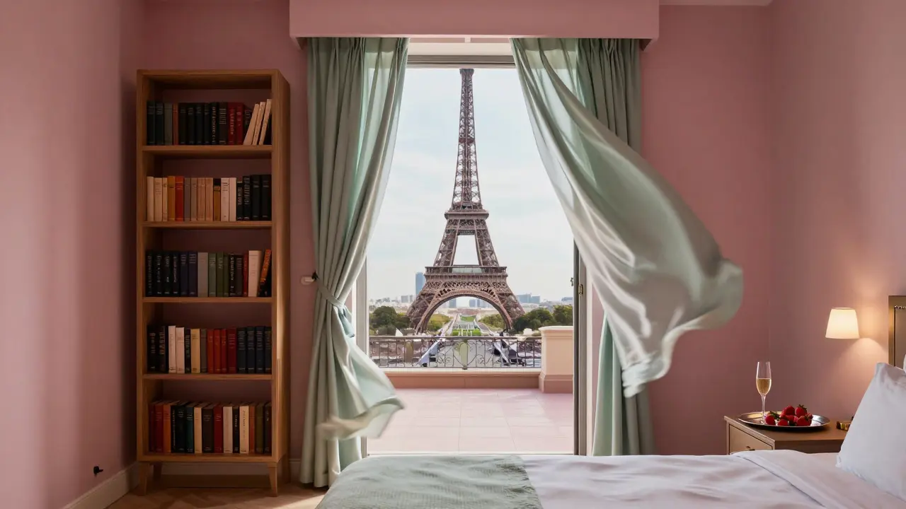 Hidden terrace revealed behind a bookshelf, Eiffel Tower glowing in the distance.