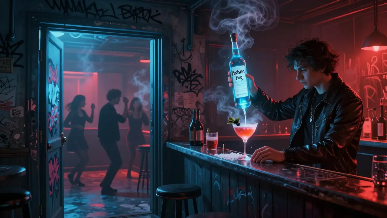 Hidden underground club with graffiti walls, glowing cocktails, and dreamy smoke-filled ambiance.