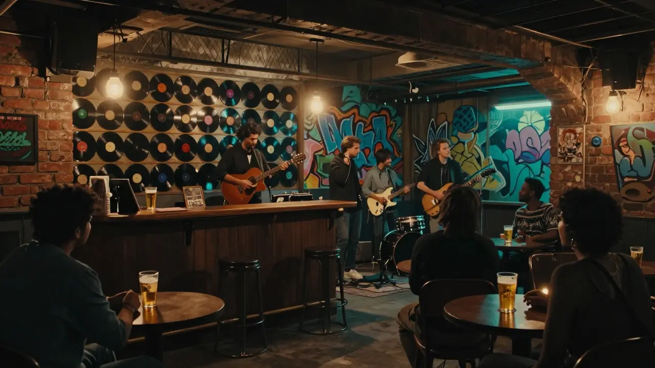 Indie band performing at The Waiting Room with vinyl wall and dim lighting in Al Quoz.
