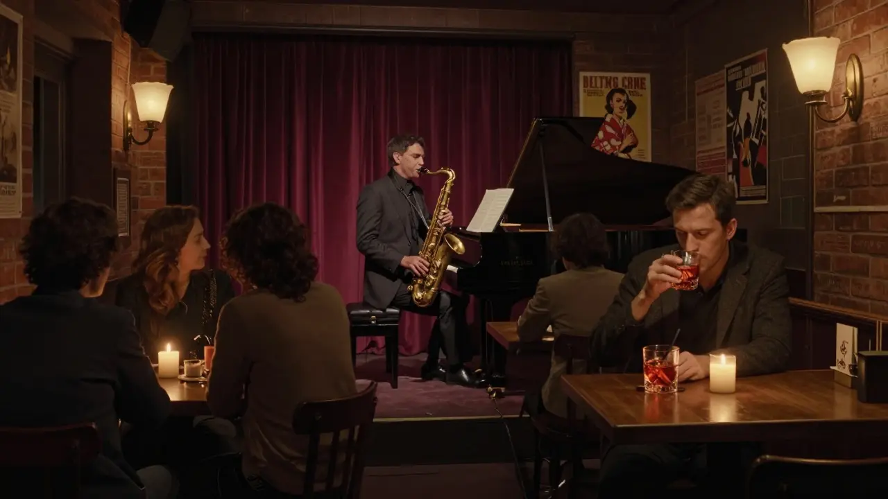 Intimate jazz bar in Brera with a saxophonist playing under candlelight and quiet patrons listening.