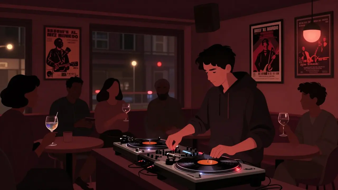 Intimate jazz-to-techno club interior with vinyl turntable and patrons sipping drinks under red ambient light.