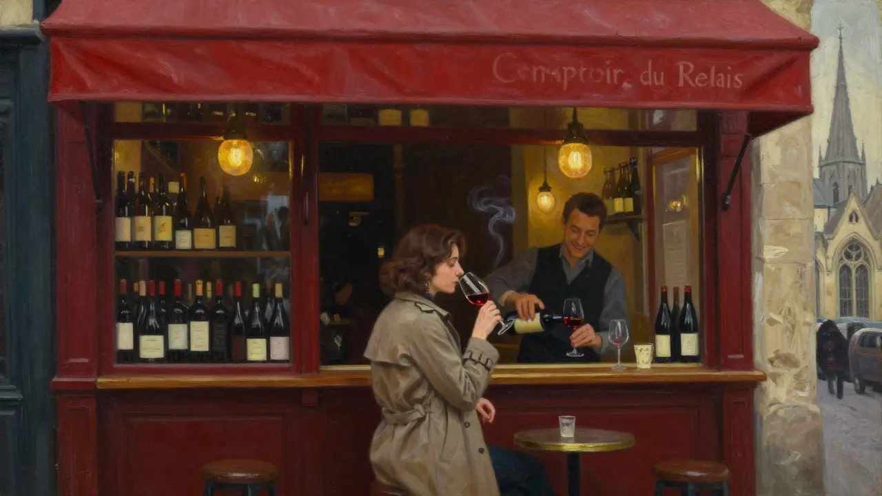 Intimate wine bar in Saint-Germain with shelves of bottles and a bartender pouring wine by candlelight.