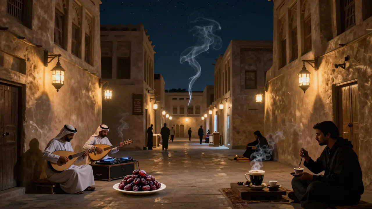 Lantern-lit alley in Al Fahidi with traditional music and coffee stalls under starry night.