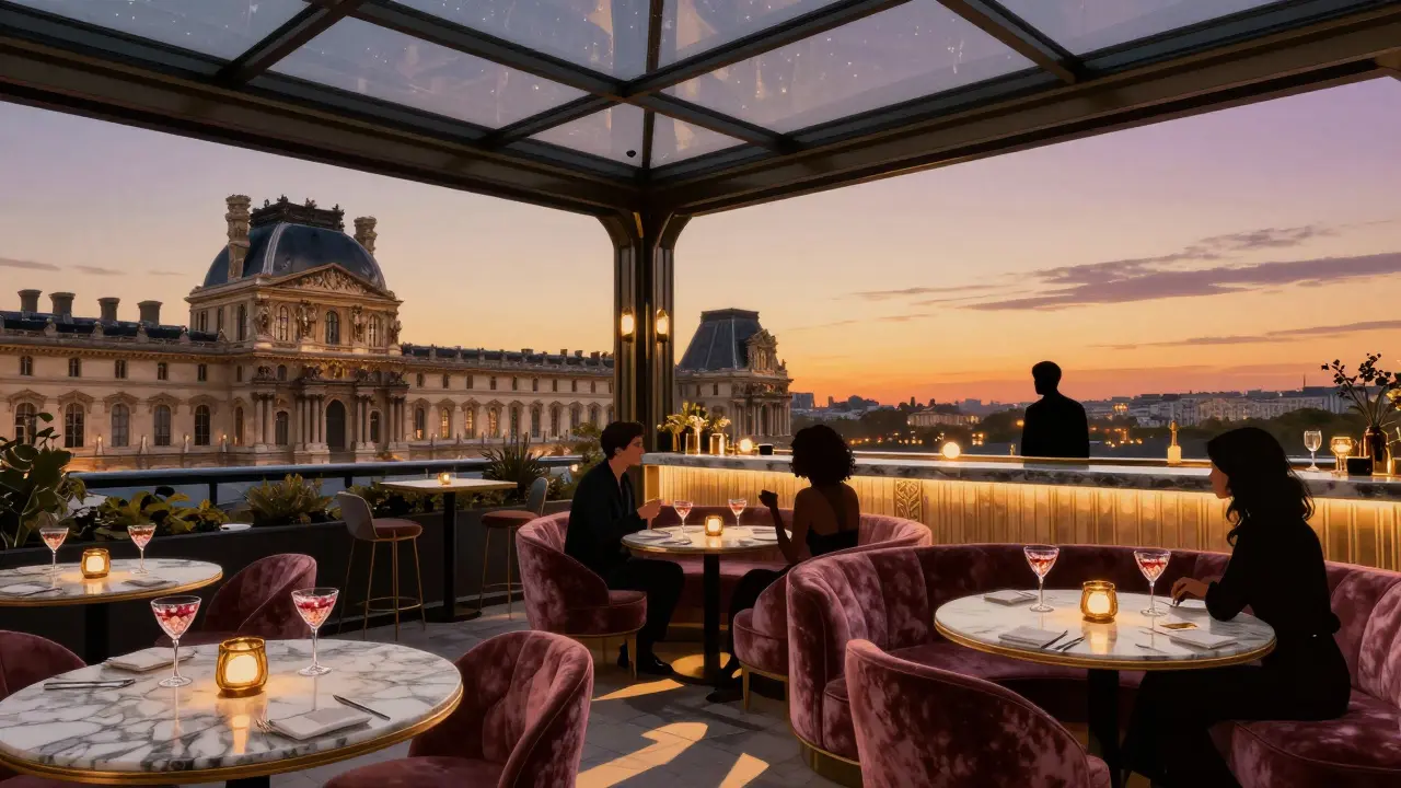 Luxurious Art Deco rooftop bar with velvet couches and views of the Tuileries Garden at sunset.