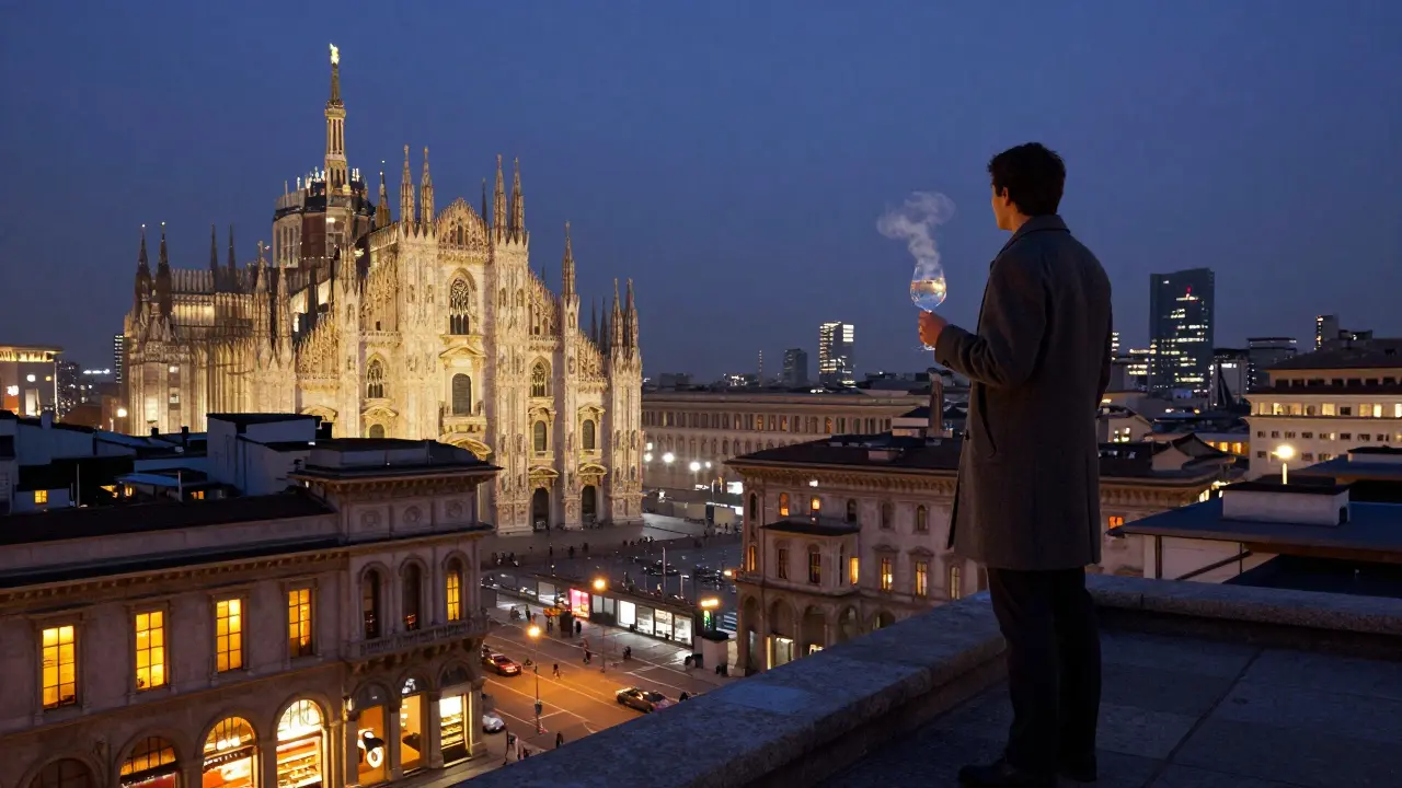Milan skyline at dawn with a person on a rooftop terrace holding a drink as the city wakes up.