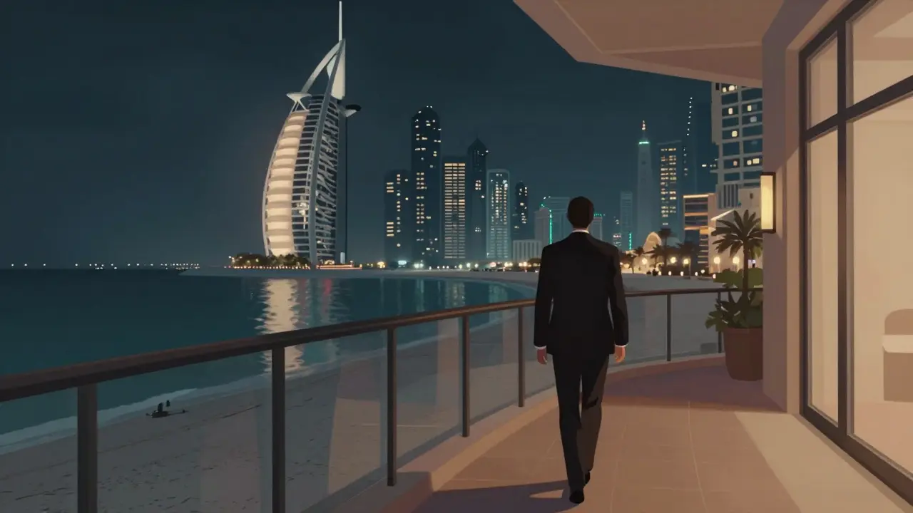 Nighttime view from a luxury hotel balcony in Dubai, with the skyline glowing and a figure walking away on the promenade.