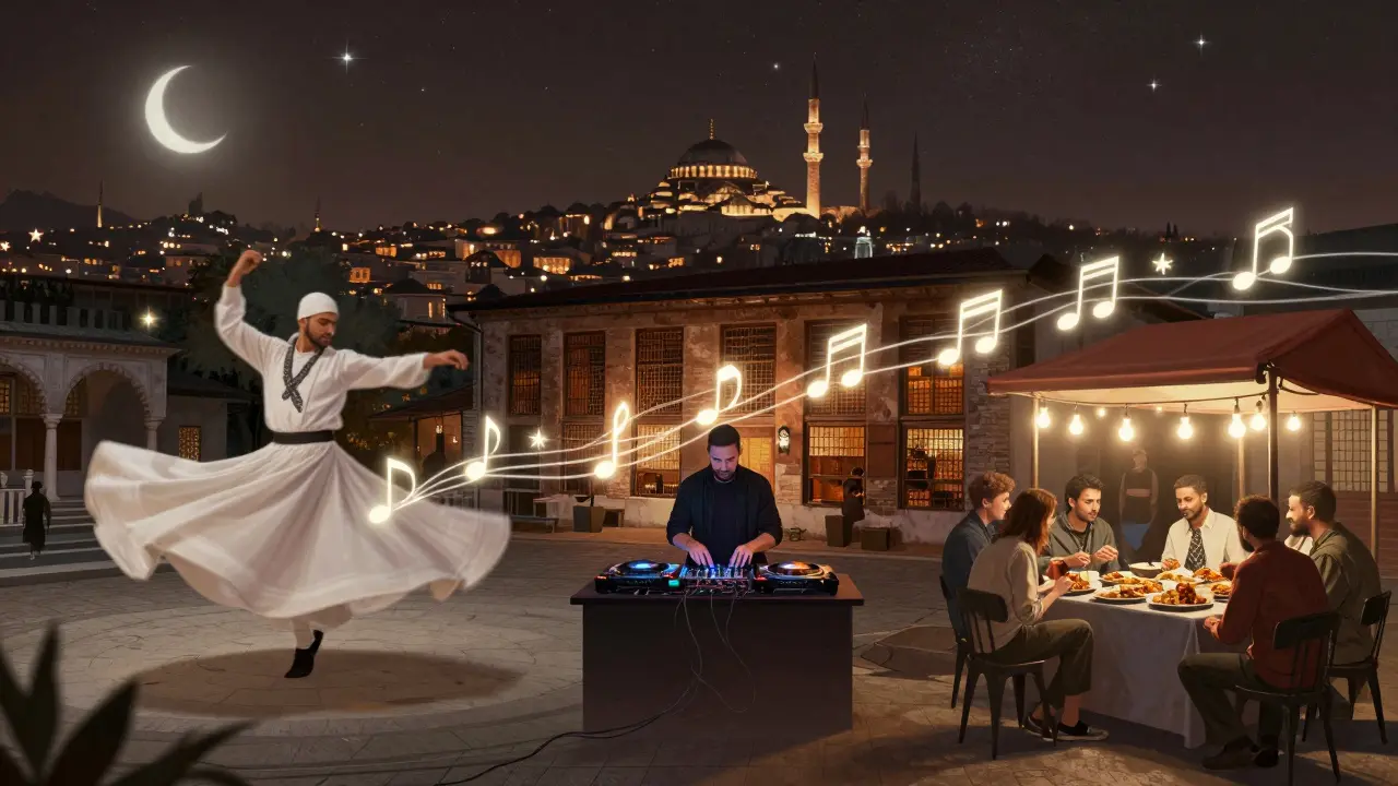 Overlapping scenes of Sufi dancers, a DJ, and street food under a starry Istanbul sky.