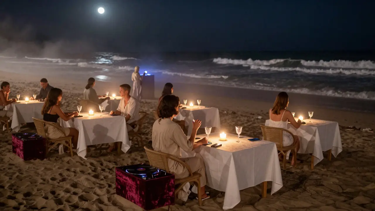 Private beach club at night with candlelit tables, no phones, and waves gently crashing in silence.
