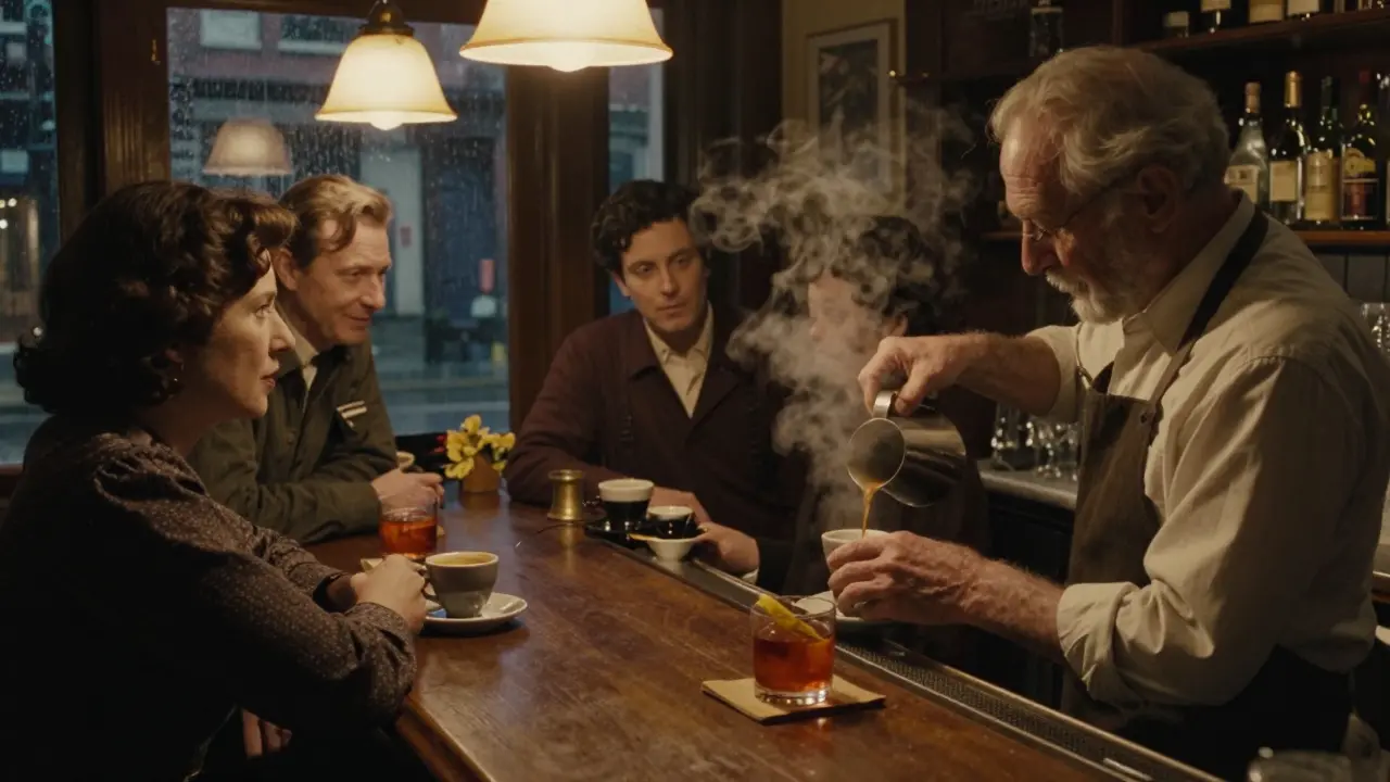 Quiet Bar Italia in Hoxton at midnight, patrons sipping espresso and Negronis under warm vintage lamps.