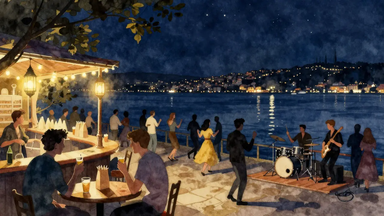 Riverside bar at night with live band and diverse crowd dancing under string lights.