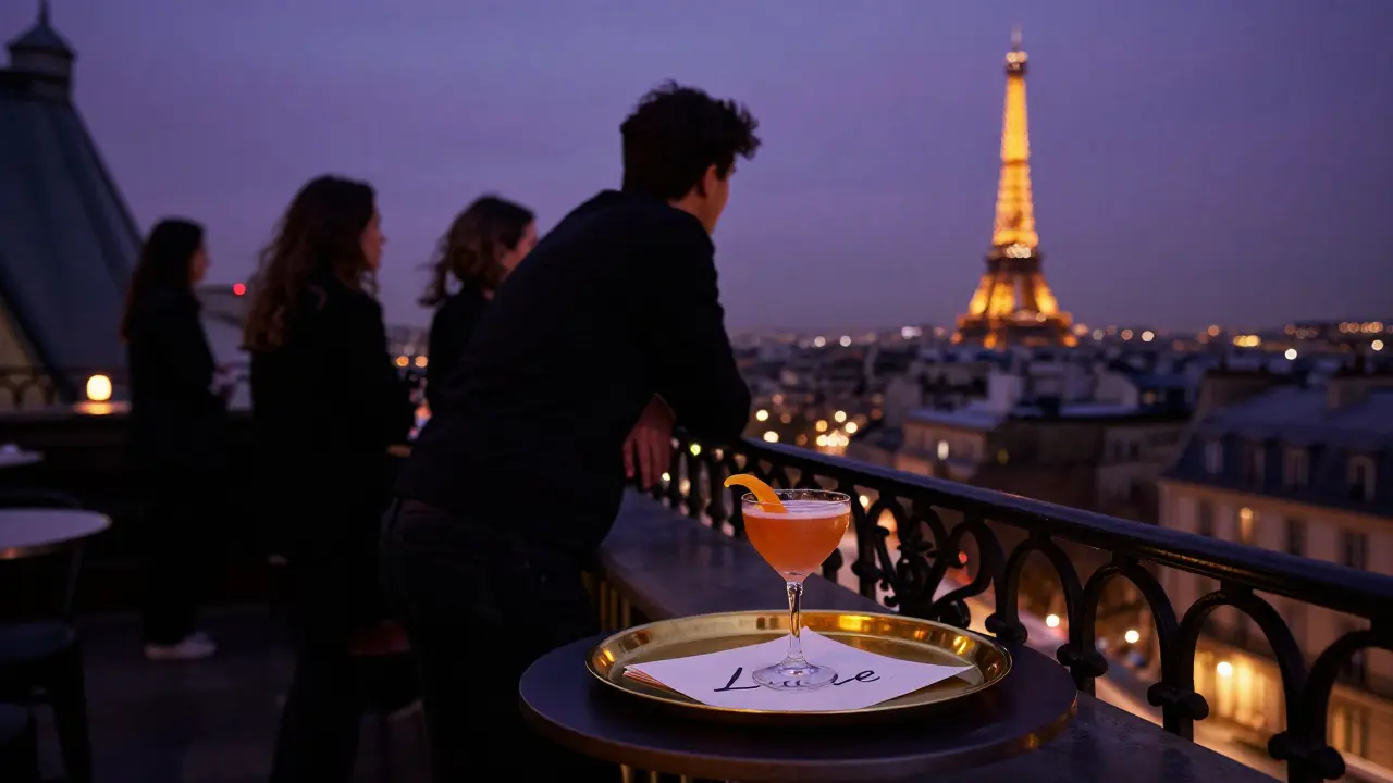Rooftop bar at dusk with silhouettes overlooking Paris, a cocktail and handwritten 'Lune' on brass tray.