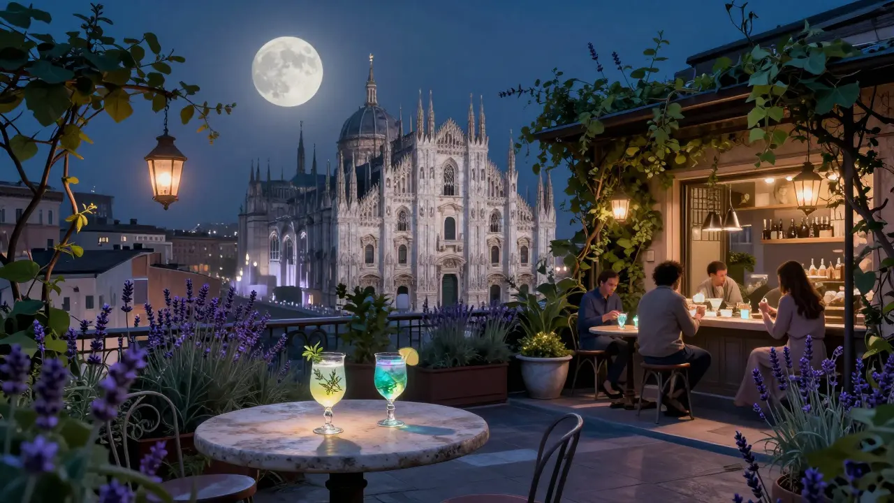 Secret rooftop garden under a full moon with cocktails and the Duomo glowing in the distance.