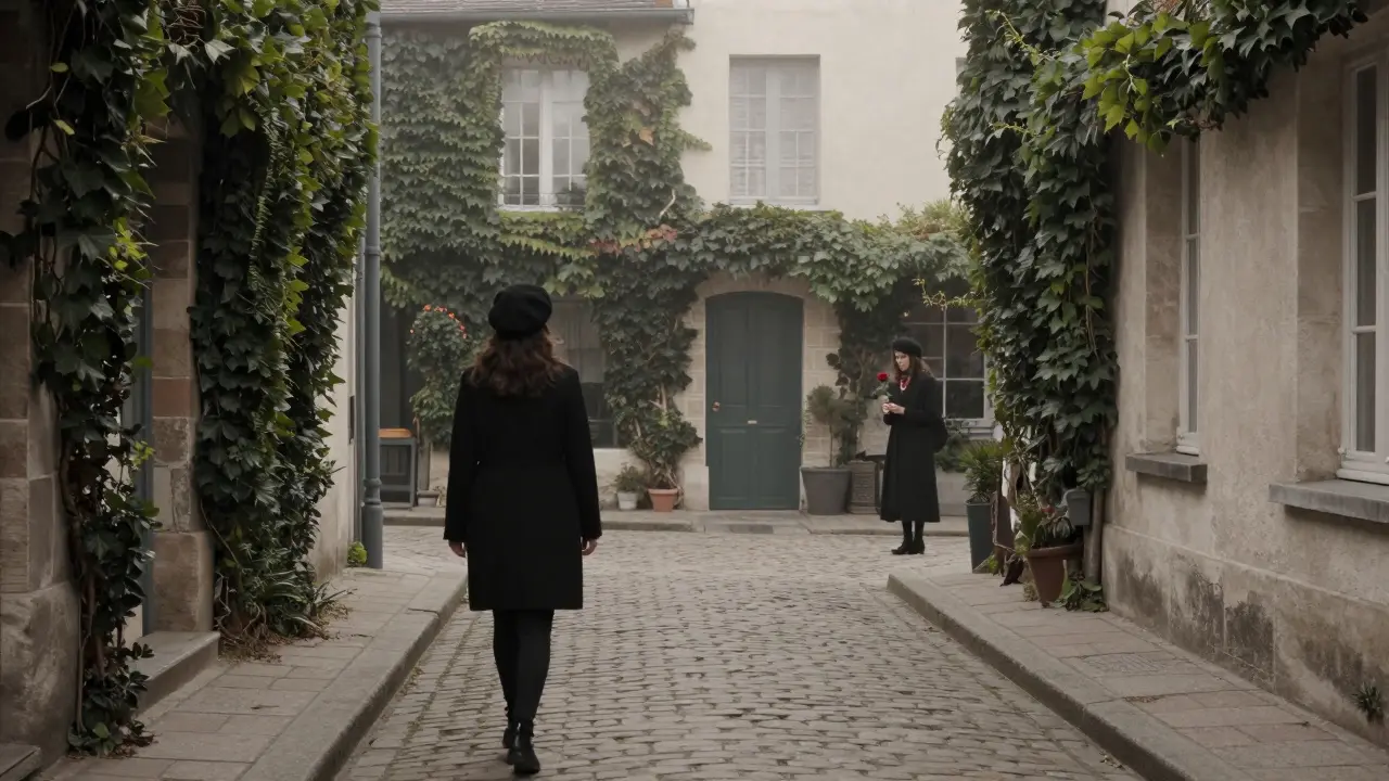 Silhouetted figure holding a rose at the entrance of a hidden courtyard in Le Marais during a misty morning.