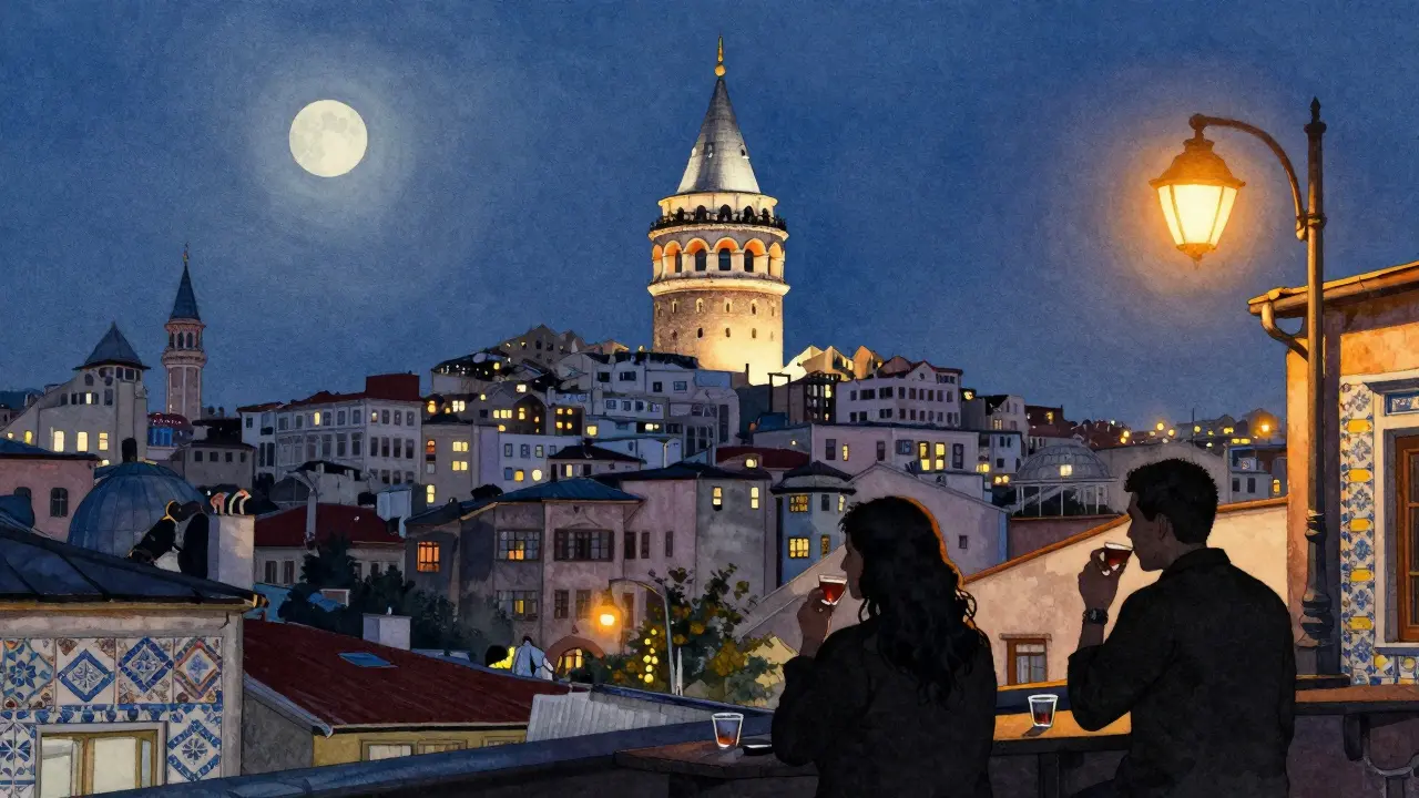 Silhouettes on a Galata rooftop at midnight, sipping raki as the tower looms over the Bosphorus.