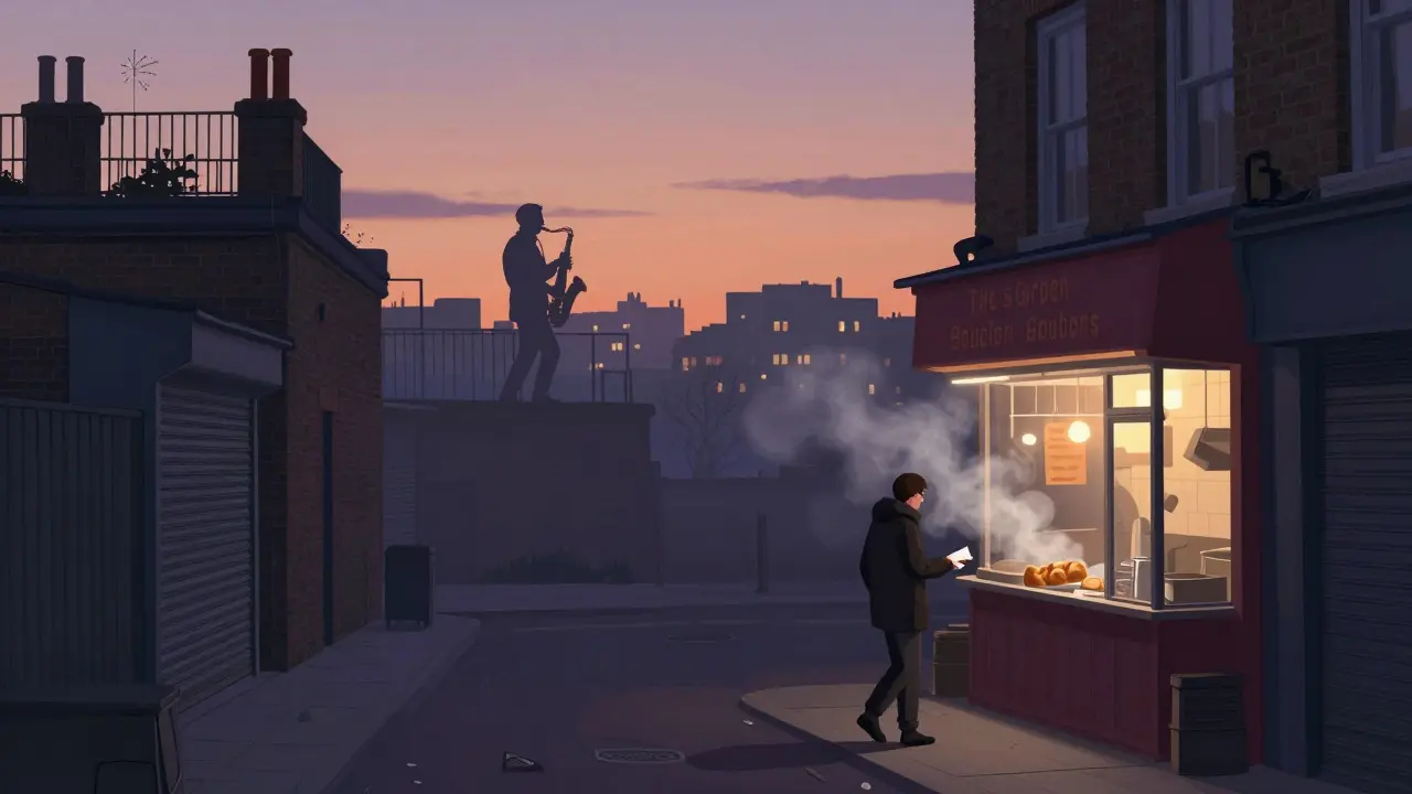 Solitary walker in Brick Lane at dawn, kebab shop glowing, saxophone silhouette fading into sunrise mist.