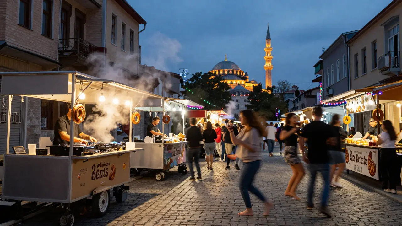 Street food market with DJs and dancers under string lights near a mosque in Galata.