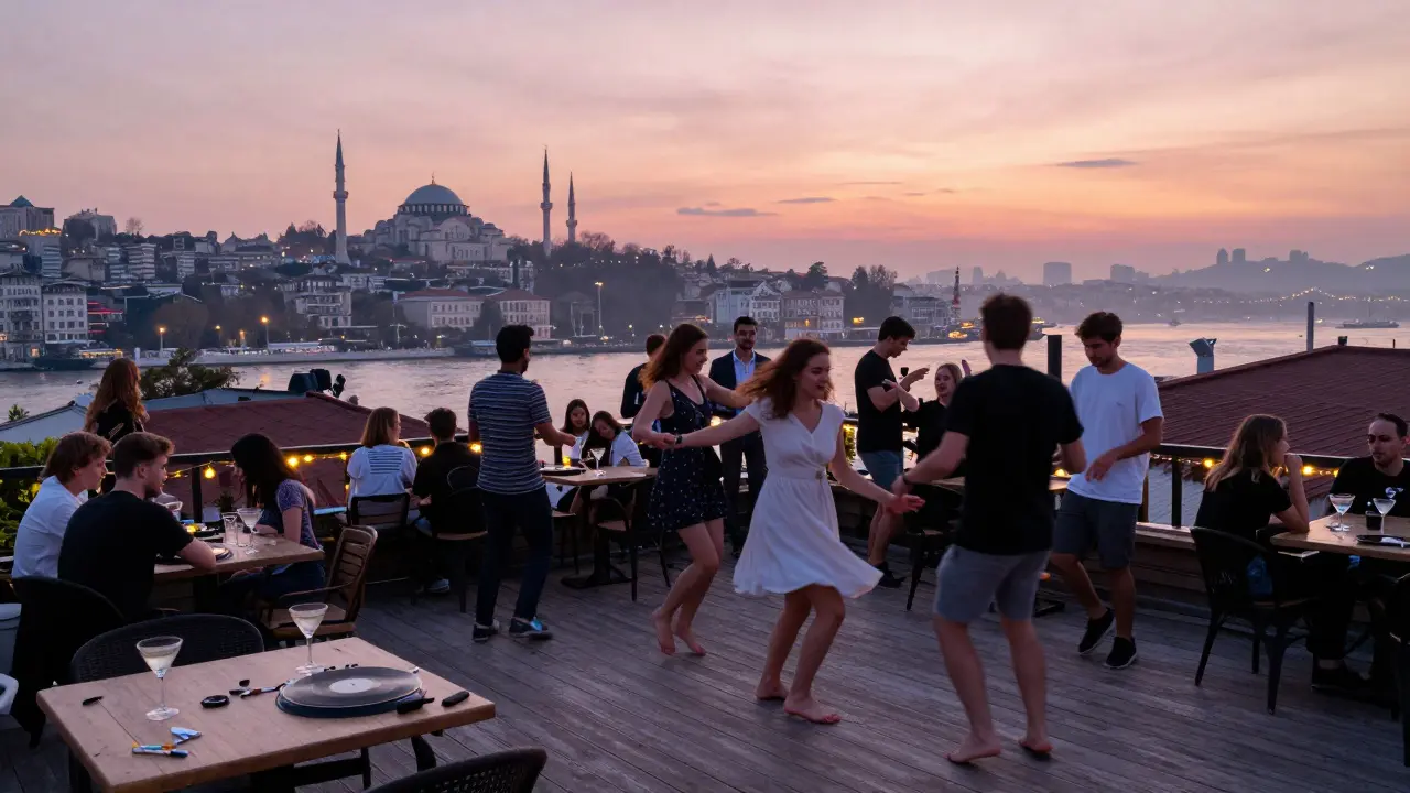 Sunrise at Karaköy Life rooftop with people dancing as the Golden Horn glows.