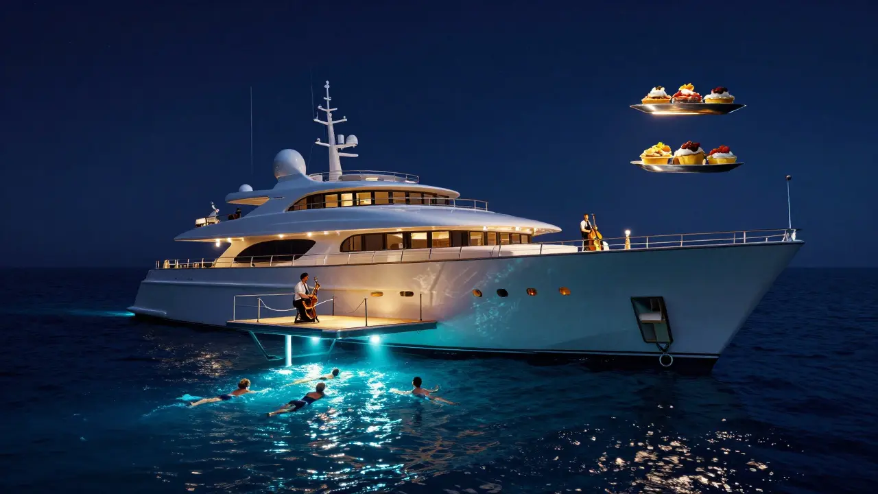 Superyacht gliding at night with swimmers beneath neon-lit water and jazz musicians on deck.
