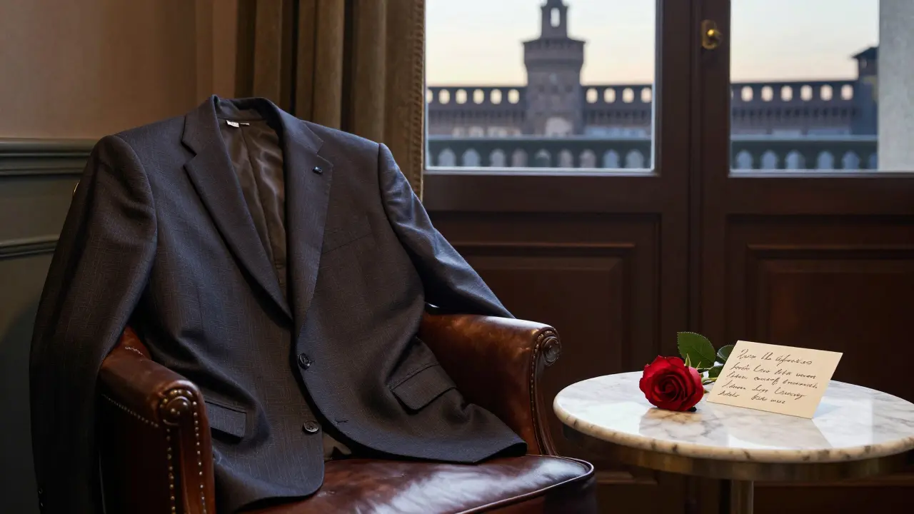 Tailored jacket and rose on a marble table in a quiet hotel lobby, Sforza Castle visible through the window.