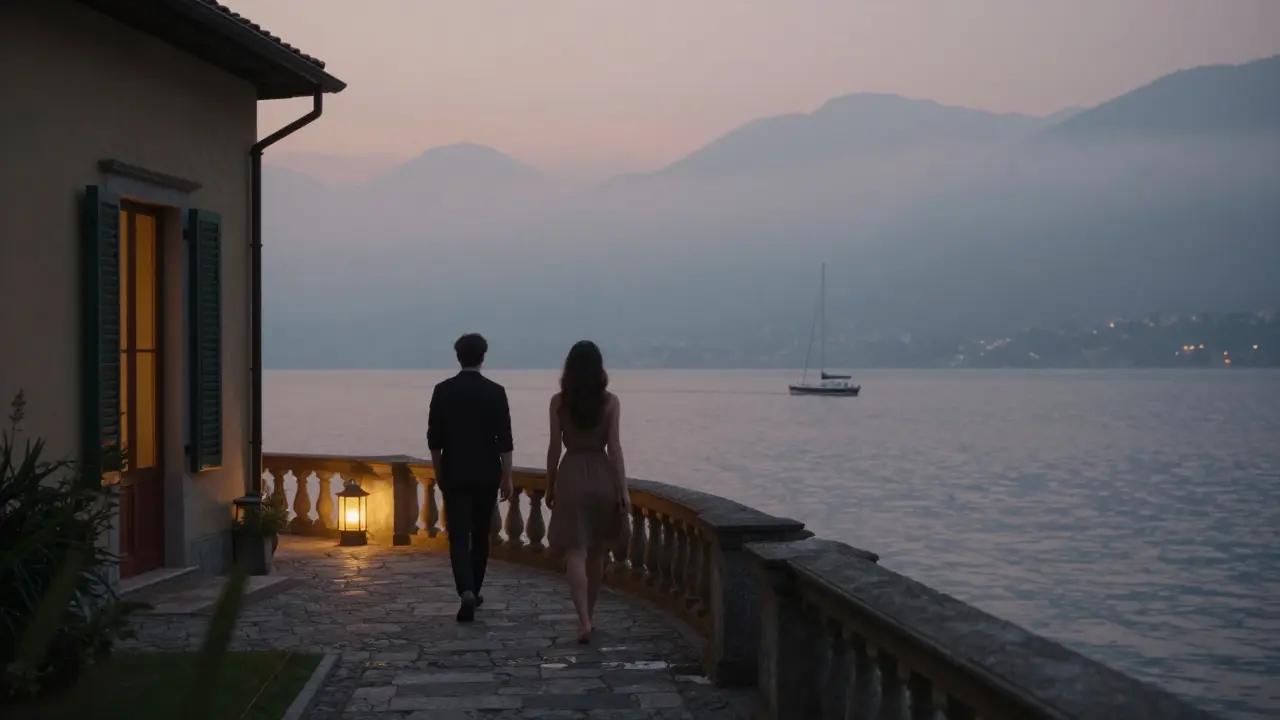 Two figures walking silently on a lakeside terrace at twilight, misty water and lantern light around them.