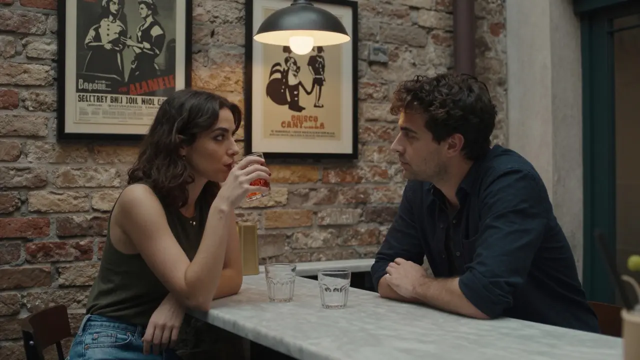 Two people share an aperitivo in a hidden Milan courtyard, one listening intently, the other sipping a Negroni.