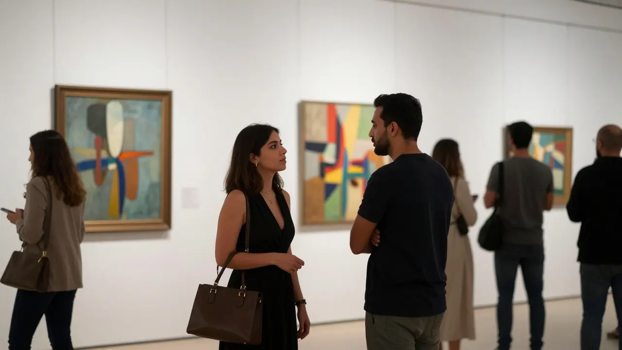 Two strangers meet cautiously in an art gallery, exchanging a silent nod amid abstract paintings and quiet evening light.