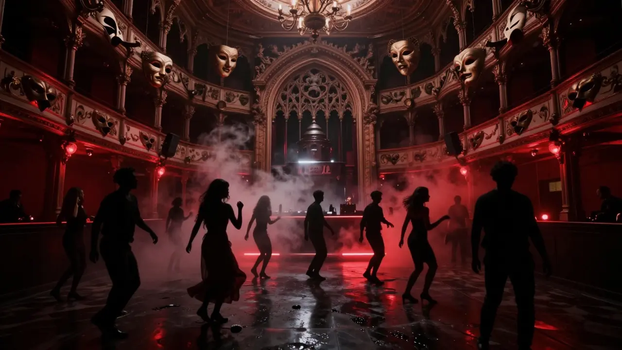 Underground club beneath an opera house with dancers in red-lit darkness.