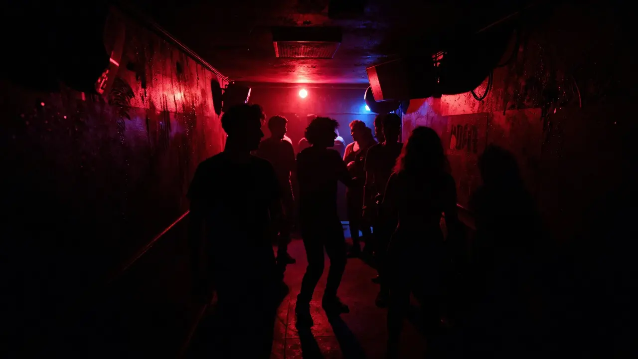 Underground Kasa club with dancers in dim red lighting, bass vibrating the walls.