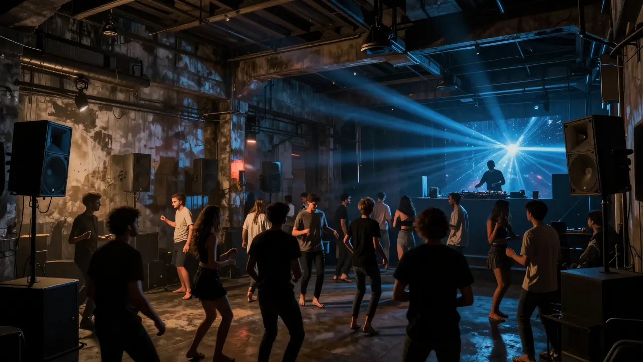 Underground techno club with a crowded dance floor illuminated by pulsing colored lights in an industrial warehouse.