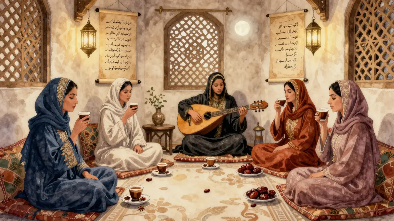 Women gathered in quiet cultural harmony at Al Diwaniya, enjoying coffee and oud music under lantern light.