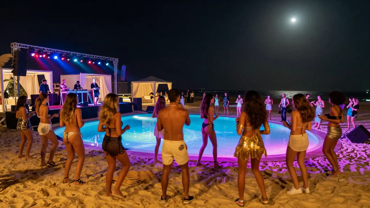 A beach club rave at night with pool dance floor, golden sand, and glowing lights under a starry sky.