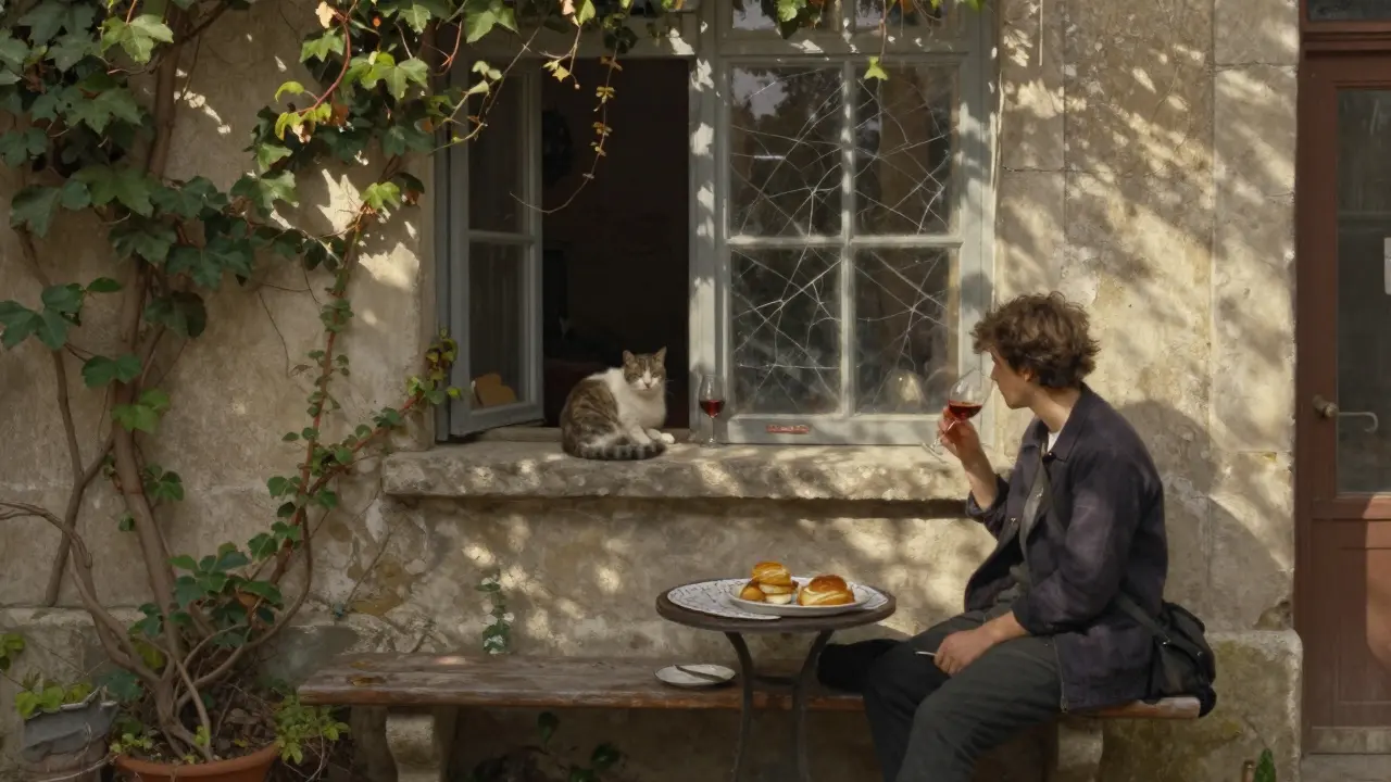 A cat naps on a windowsill as two people share wine in a hidden Montmartre courtyard, soft light filtering through ivy-covered walls.