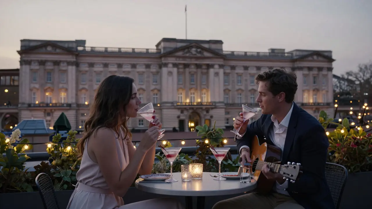 A couple enjoys martinis on a rooftop garden overlooking Buckingham Palace at dusk, under soft string lights.